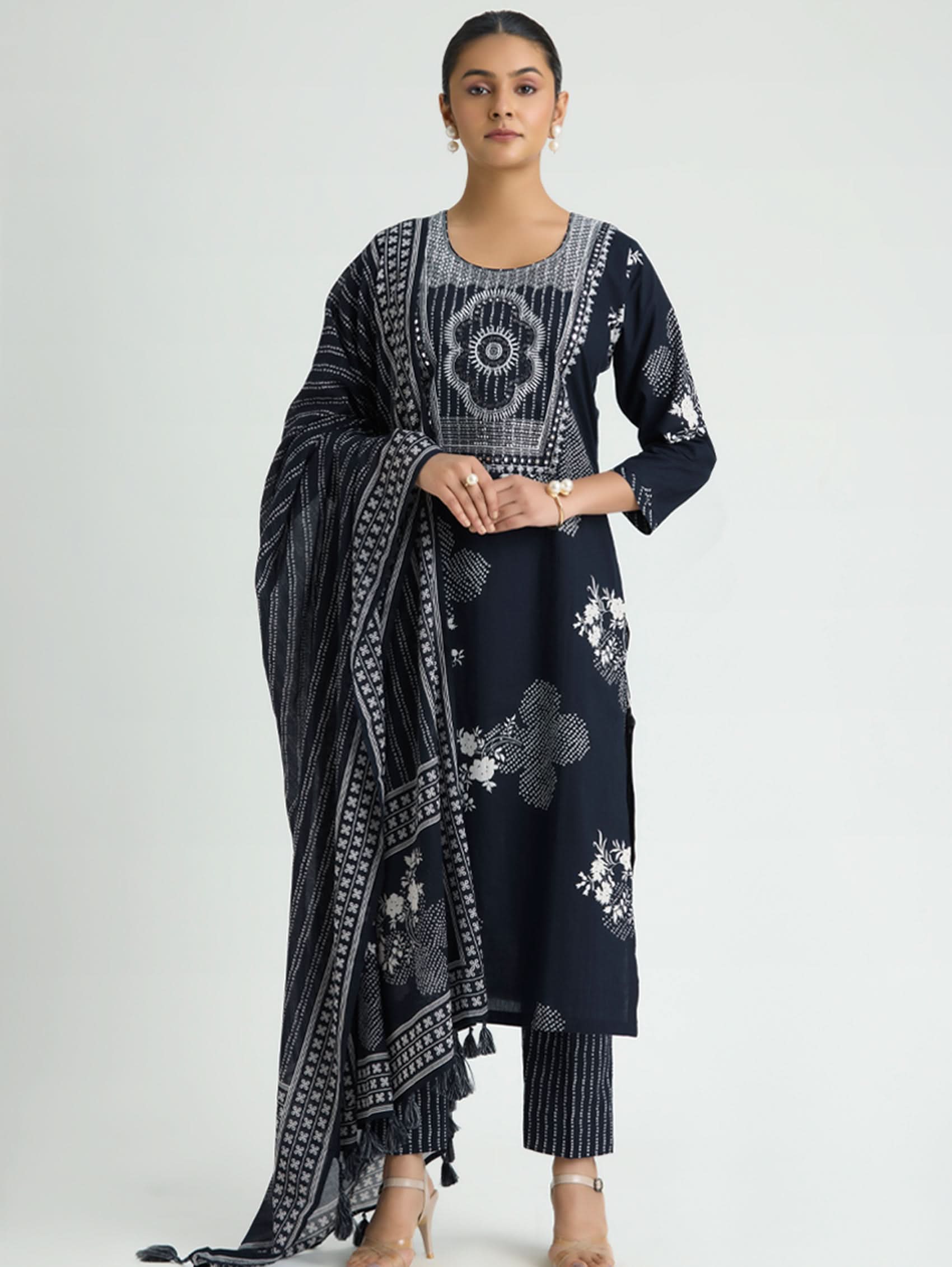 Dark navy blue embroidered cotton suit set with long kurta, leggings, and dupatta