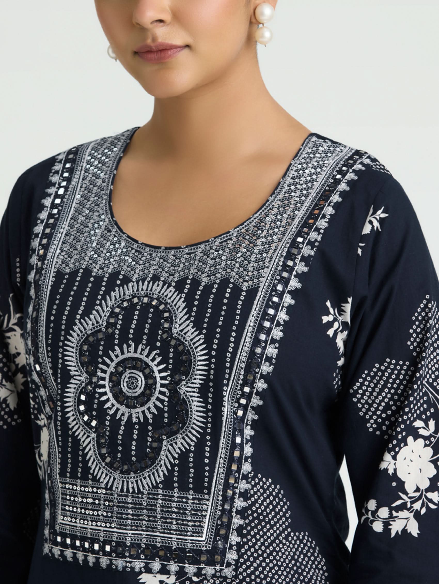 Dark navy blue embroidered cotton kurta with round neckline and floral panel detail