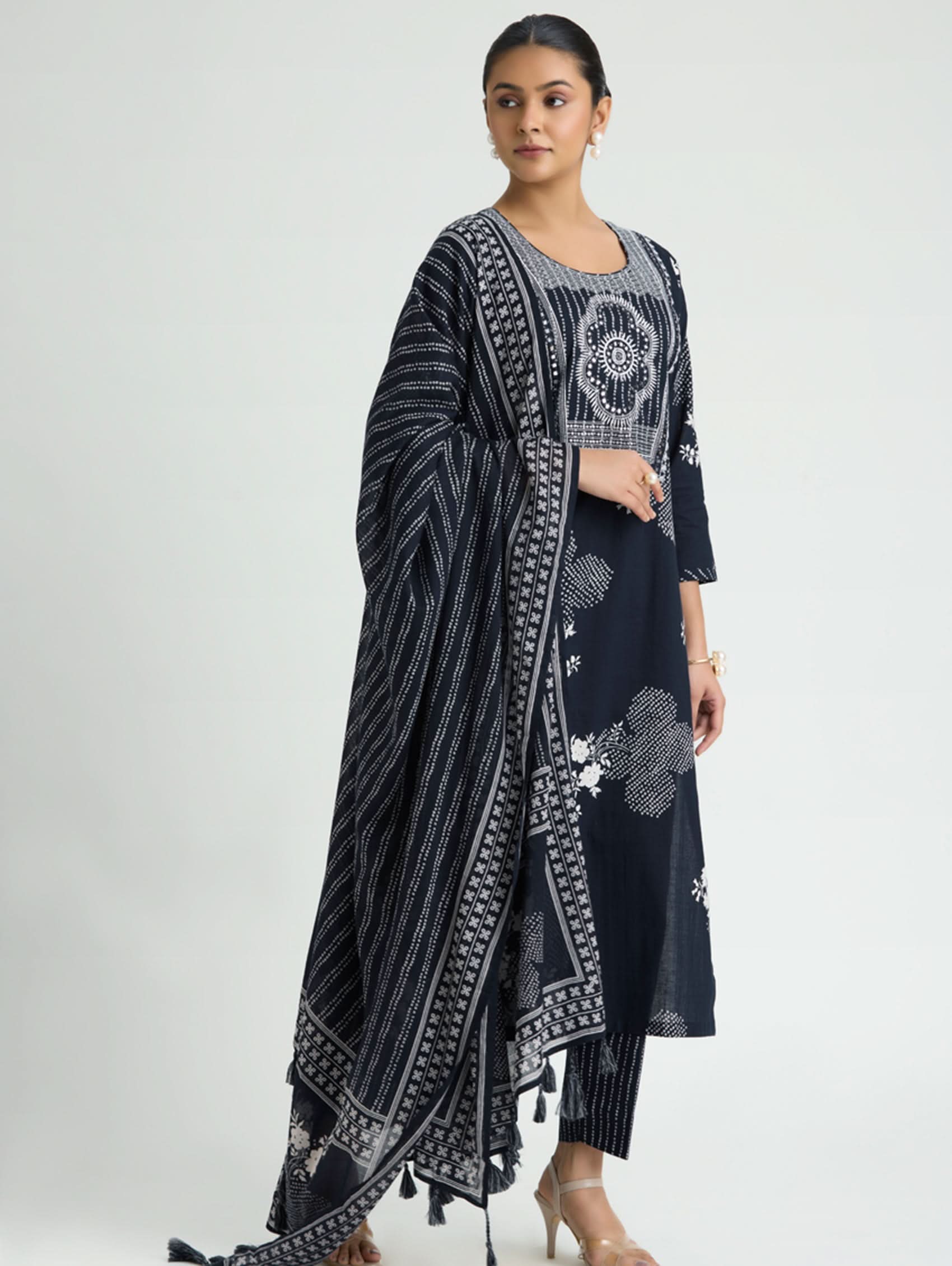 Dark navy blue embroidered cotton suit set with draped dupatta and long kurta