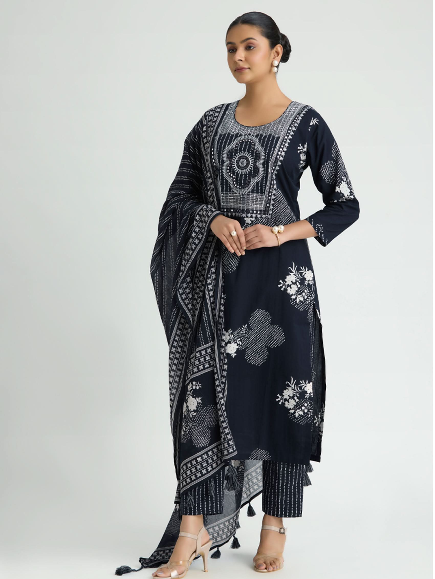 Dark navy blue embroidered cotton suit set with long sleeves, floral prints, and dupatta