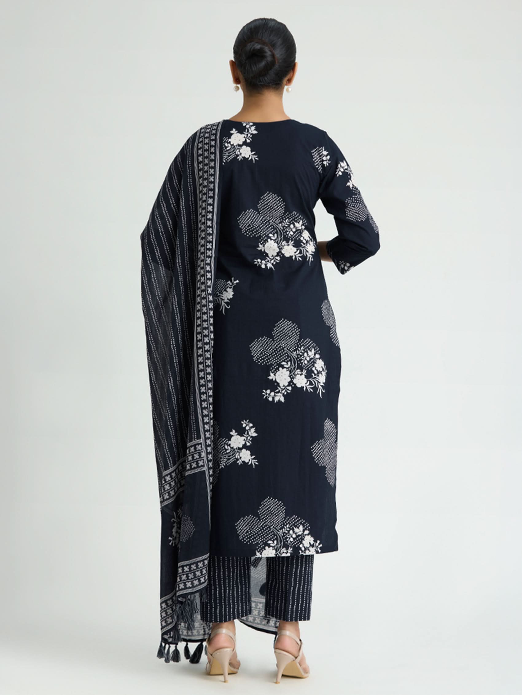 Dark navy blue embroidered cotton suit set with dupatta and floral motif on back