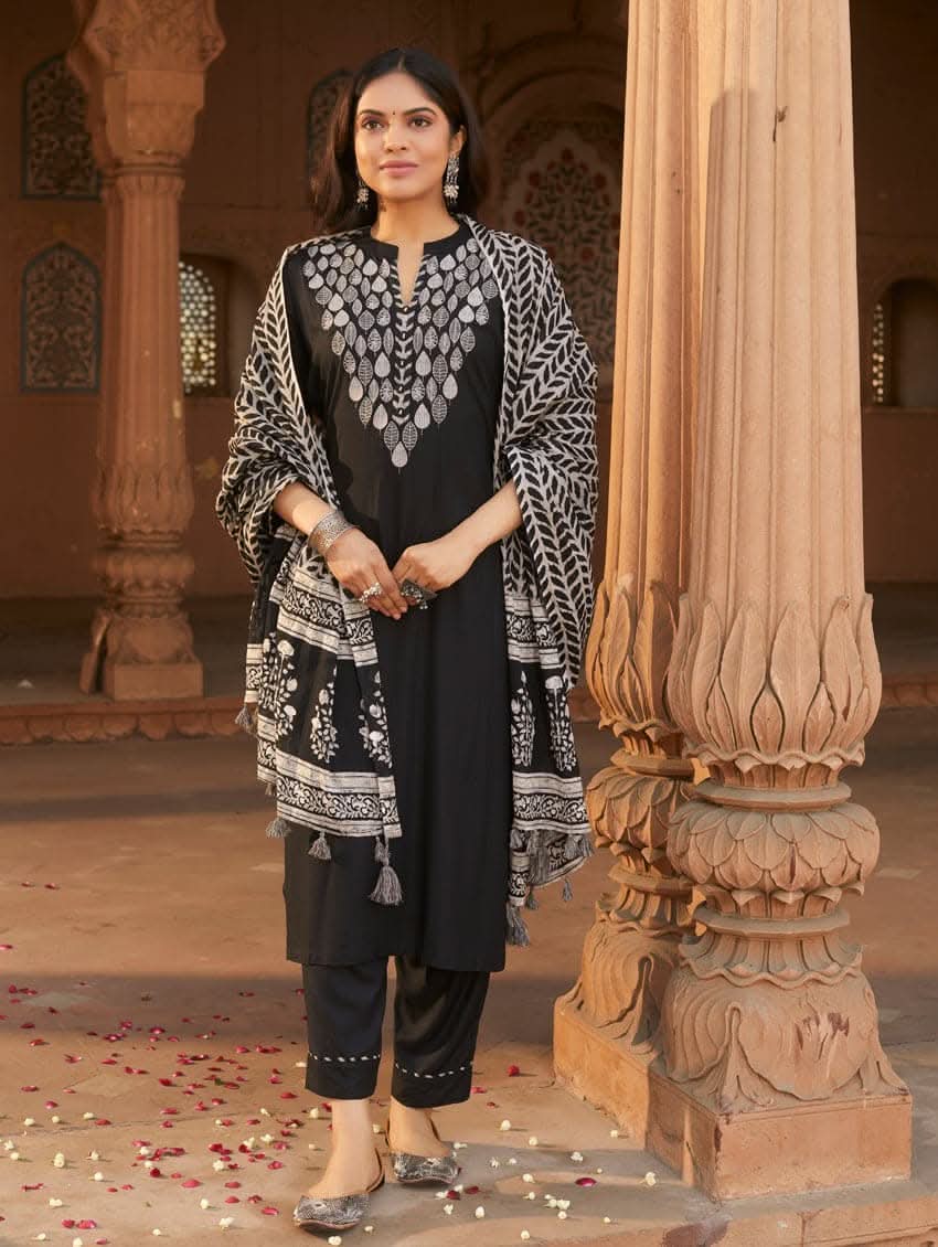 A woman wearing a black rayon suit set with embroidery on the kurta, consisting of a solid colored kurta with pants and a printed mul dupatta.