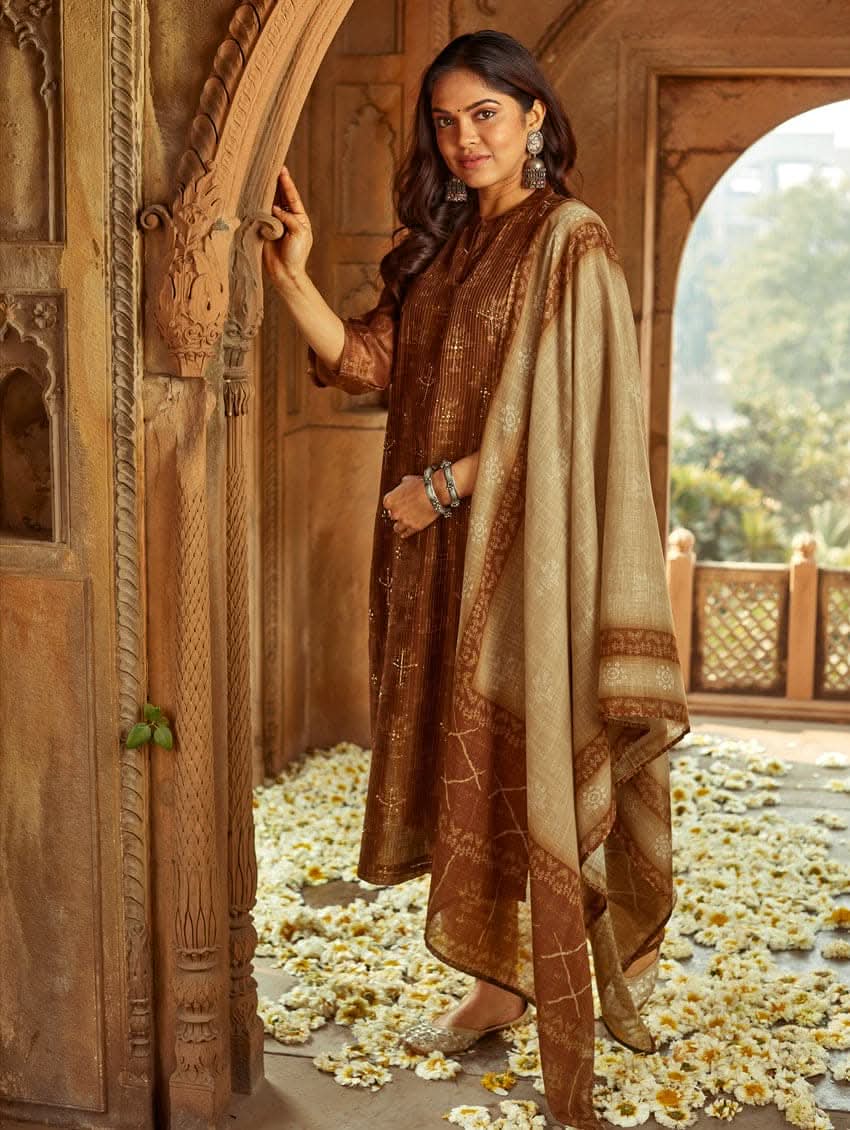 A woman wearing a traditional Digitally Printed Silk Suit Set with a kurta, pants, and dupatta in a historic building with intricate architectural details.