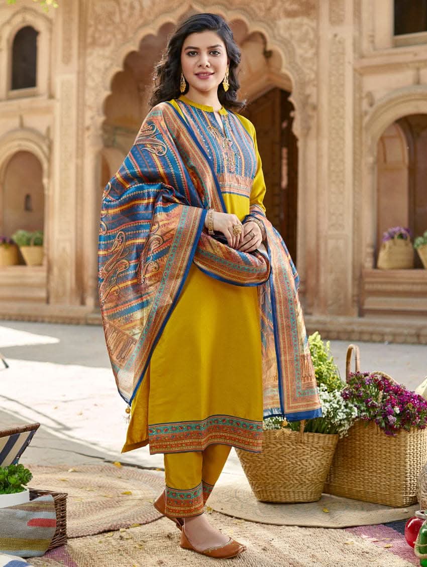 Rayon suit set: yellow tunic, blue patterned dupatta, matching pants