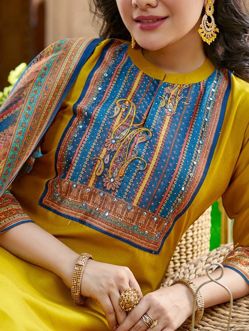 Yellow rayon tunic with blue embroidered neckline and patterned yoke