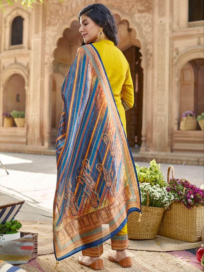 Yellow rayon tunic with blue patterned dupatta panel and striped trim (rear)