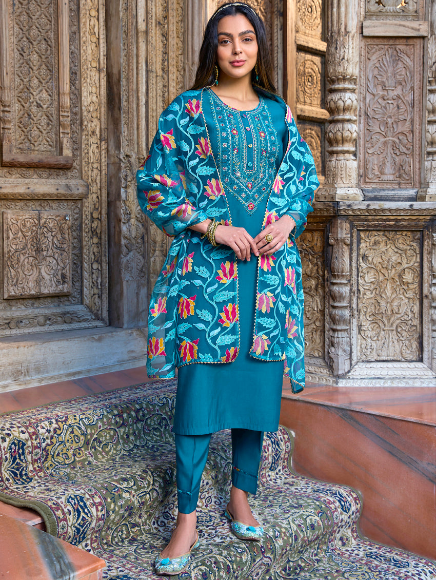 Plus Size Blue Woven Design Silk Blend Suit Set