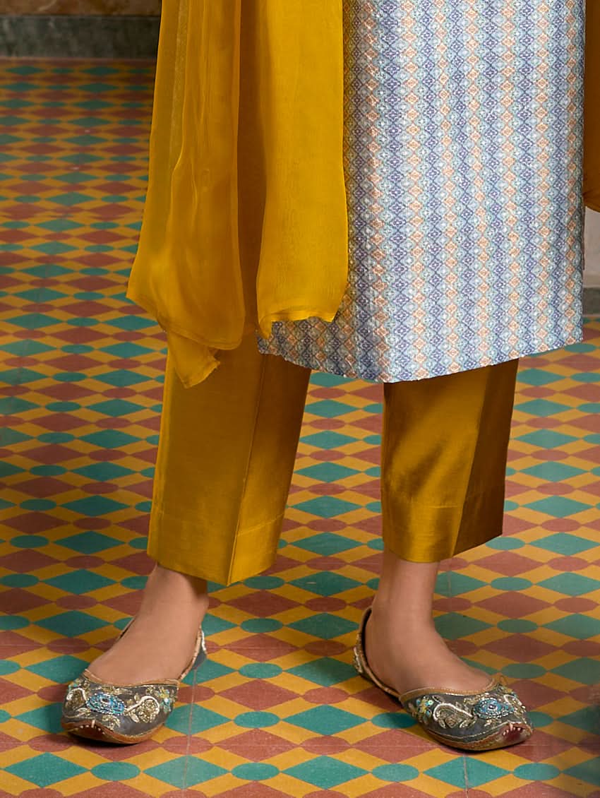 A woman wearing a traditional Schiffli embroidered silk suit set with a kurta, pants, and dupatta in a multicolored floral design, standing in a decorative room.