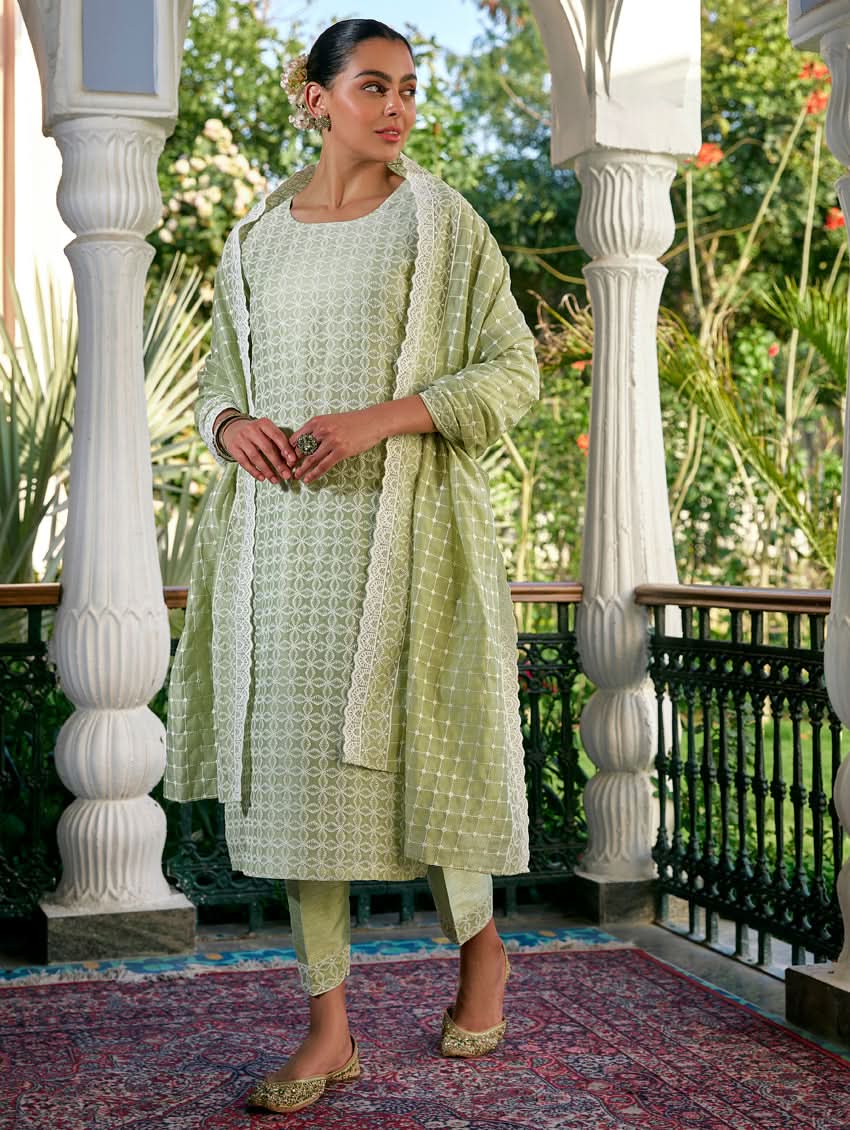 Embroidered suit set in light green, long tunic with matching straight pants