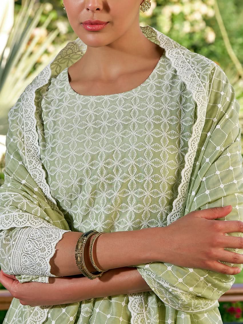 Embroidered tunic with round neckline and long sleeves, light green sheer dupatta
