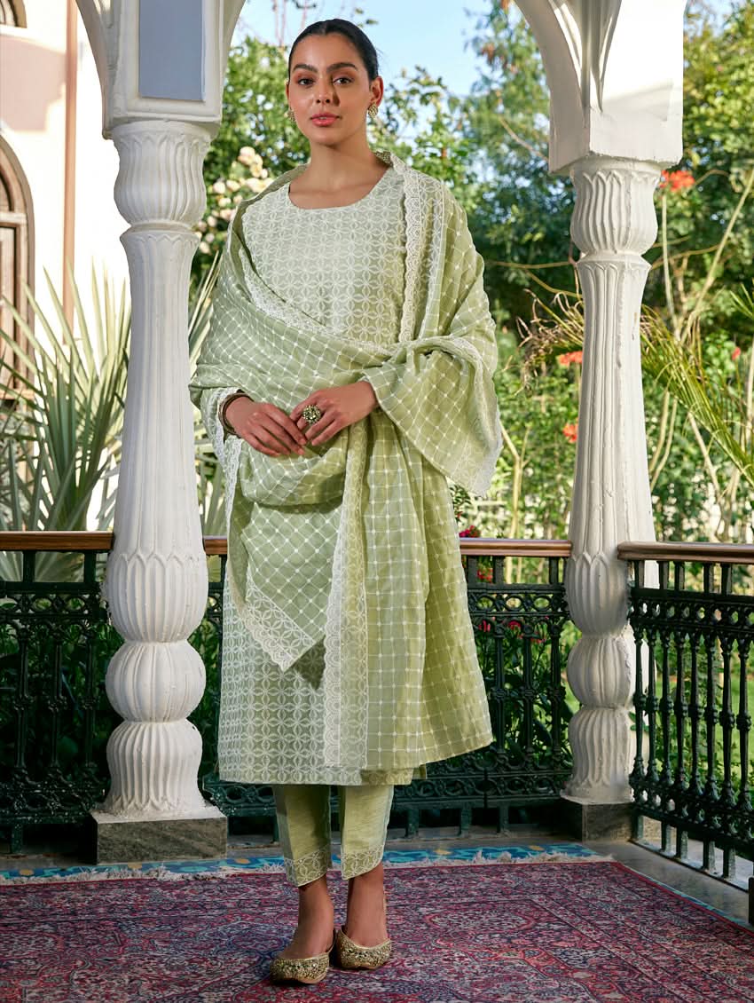 Embroidered suit set with draped dupatta, light green long tunic and matching pants