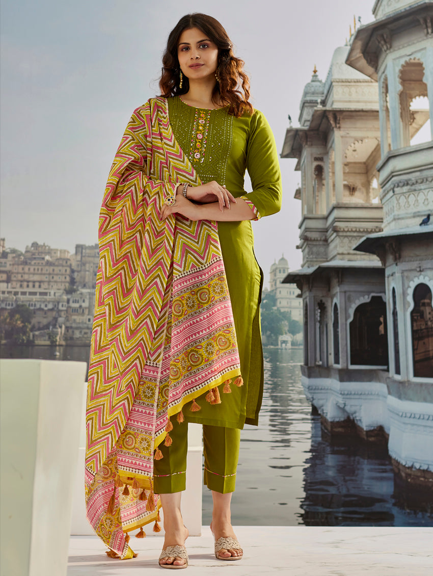 Mehndi Color Opada Suit With Pure Dupatta