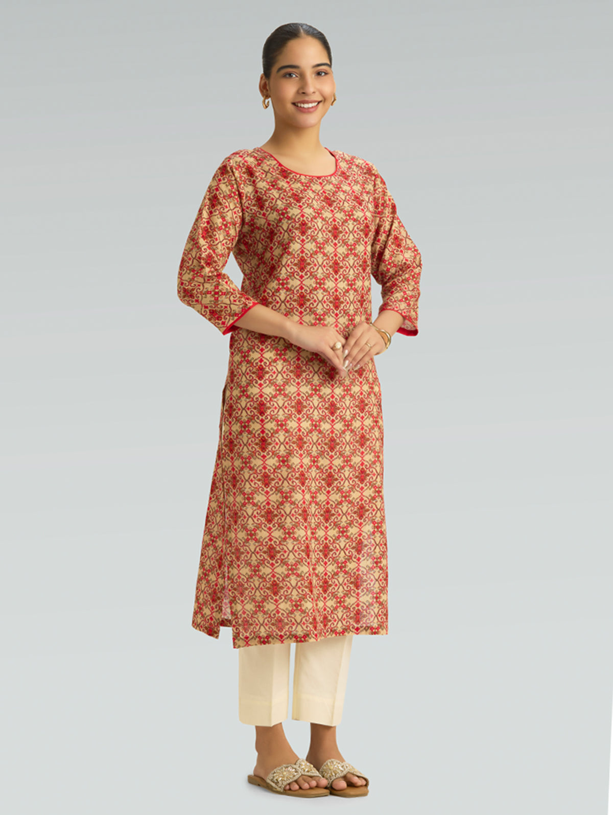 Red motif printed kurta with round neck, three-quarter sleeves, beige base