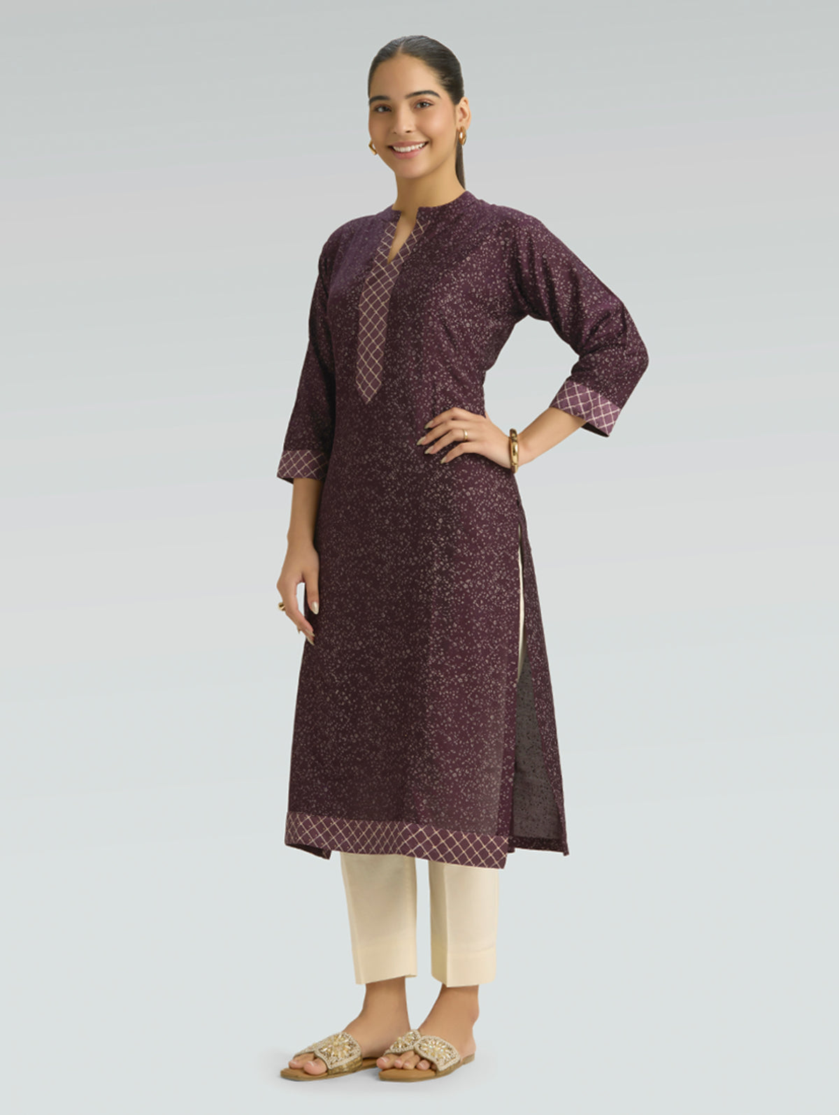 Wine berry printed kurta with side slit and cuffed sleeves, angled full view