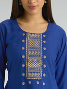 Blue kurta with gold embroidery on a plain background