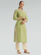 Plus size green leaf print cotton linen kurta for women — side view showing three-quarter sleeves and kurta length
