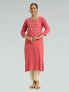 Red embroidered viscose rayon slub straight kurta full front view midi length