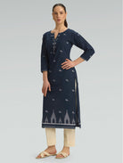 blue grey Jamdani pure cotton straight-fit kurta