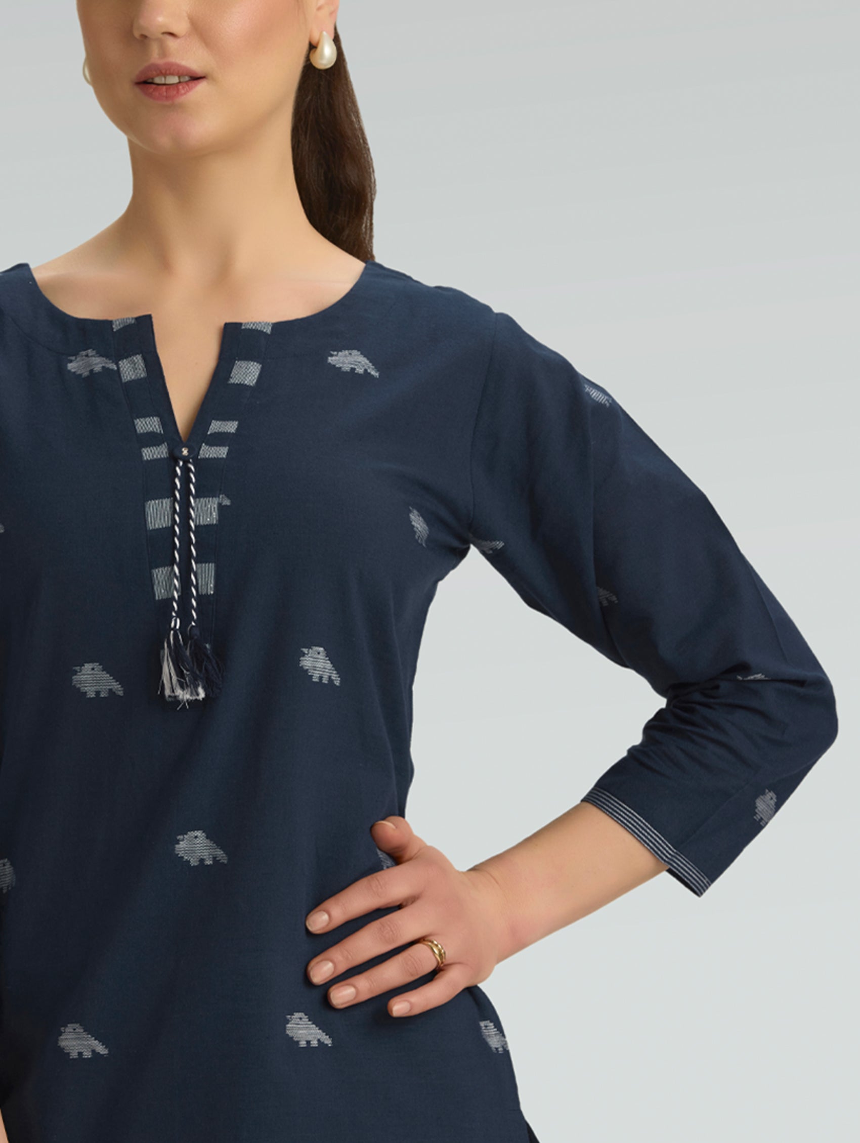 blue grey pure cotton kurta with notched neckline and tassel detail