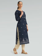 blue grey Jamdani straight-fit kurta with side slit