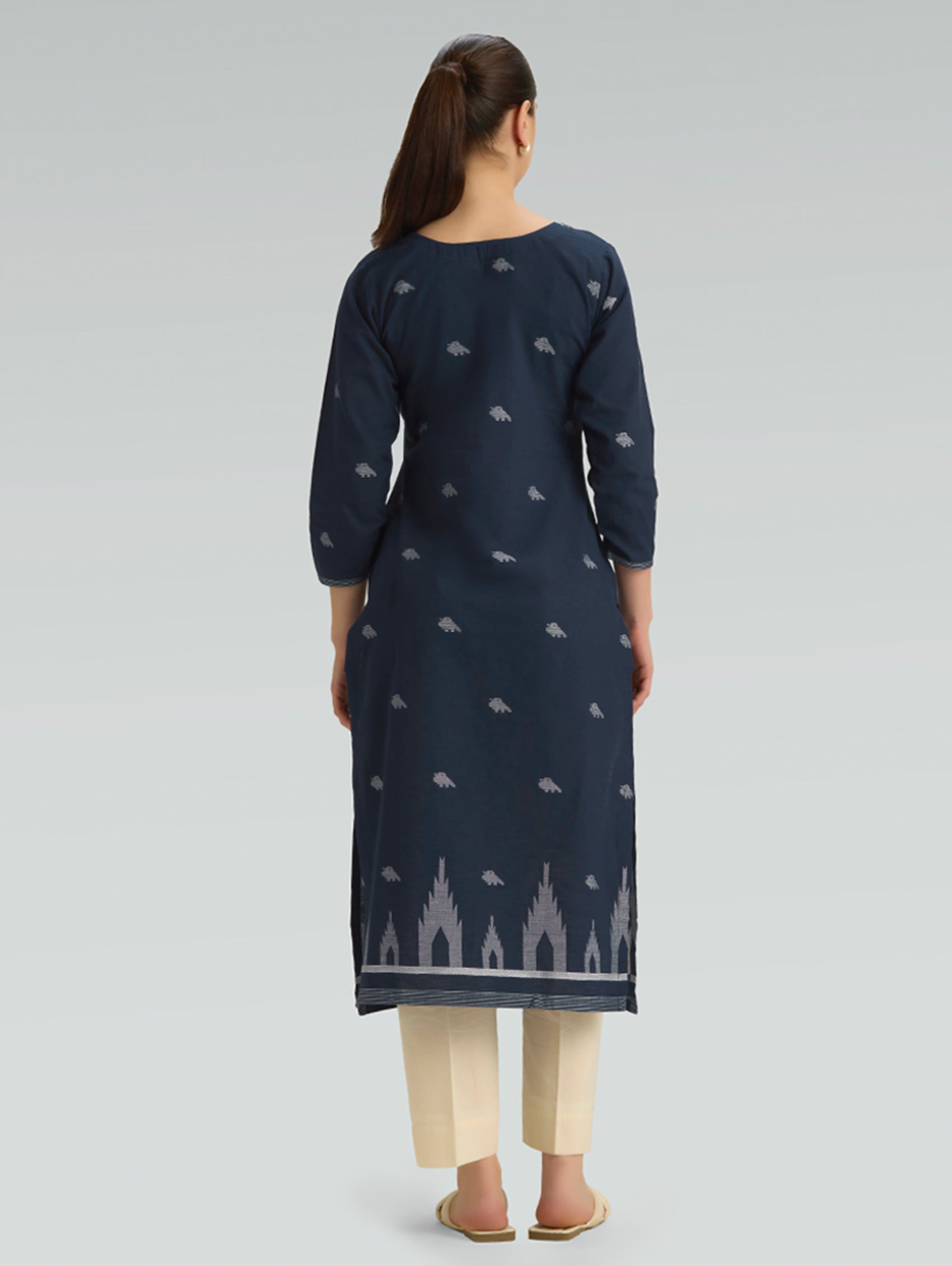 blue grey woven cotton kurta with border detailing