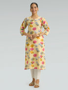 Pale yellow floral printed cotton linen straight-fit kurta for women front view