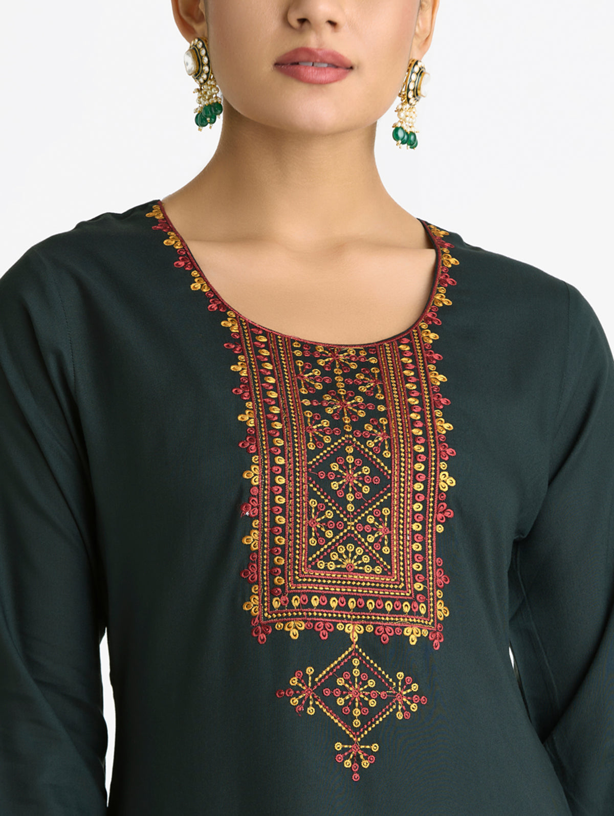 Dark green kurta neckline with colorful geometric embroidery and trim