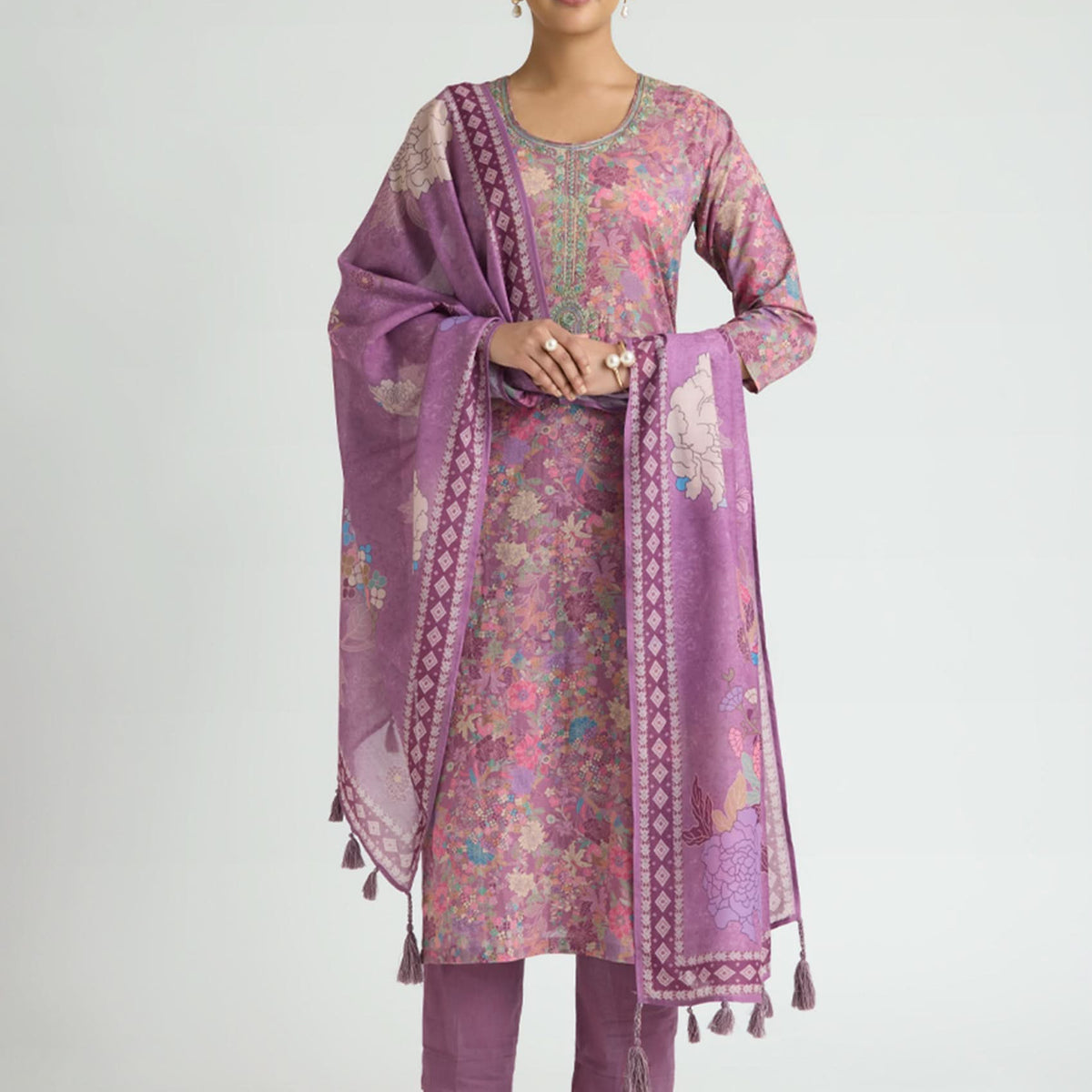 Women Plus Dusky Purple Embroidered Pure Malai Cotton Suit Set with Dupatta