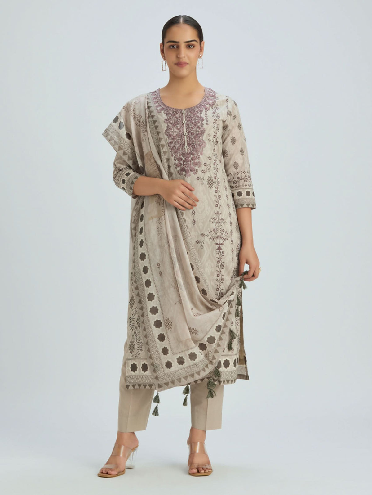 Embroidered cotton suit set with dupatta, beige with plum motifs and printed border