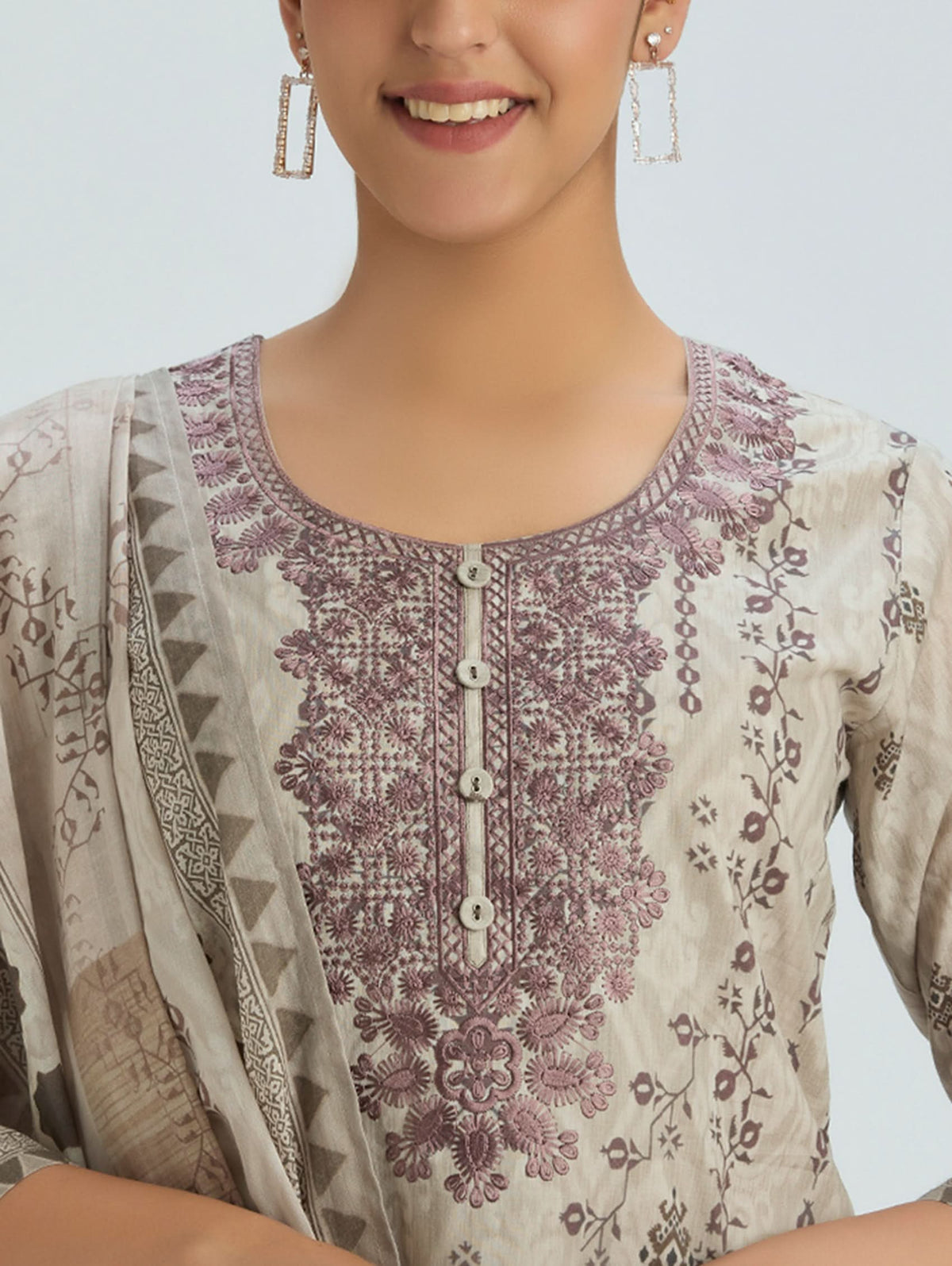 Embroidered cotton kurta, beige with plum floral motifs on round neckline and placket