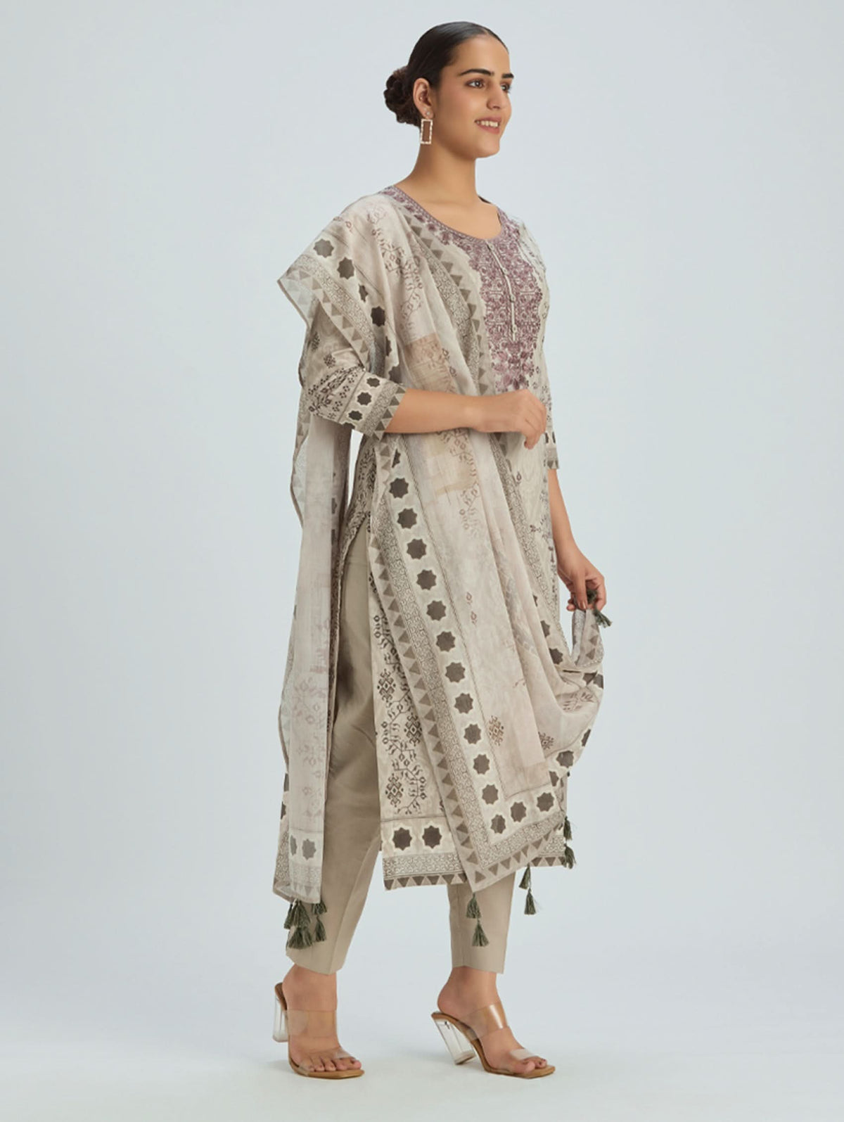 Embroidered cotton suit set with dupatta, beige kurta with plum central panel