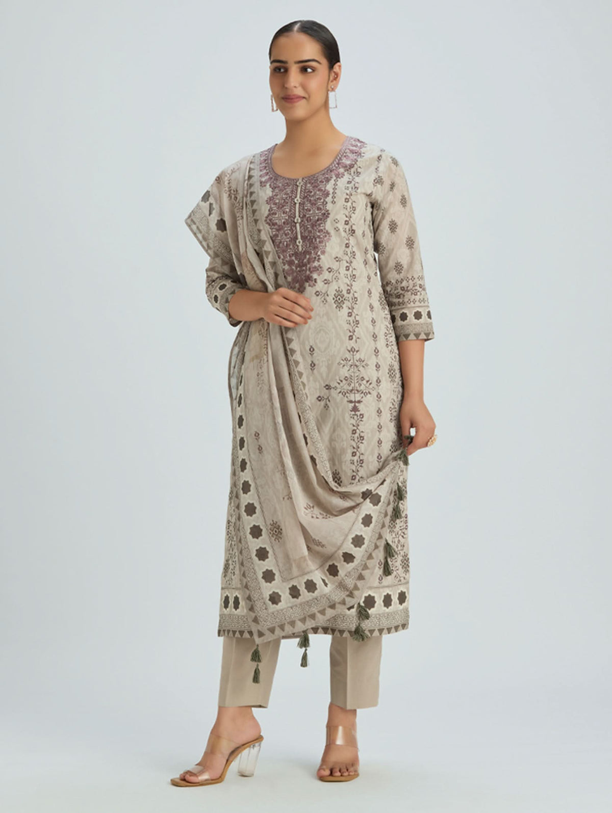 Embroidered cotton suit set with dupatta, beige kurta with plum motifs and scalloped hem