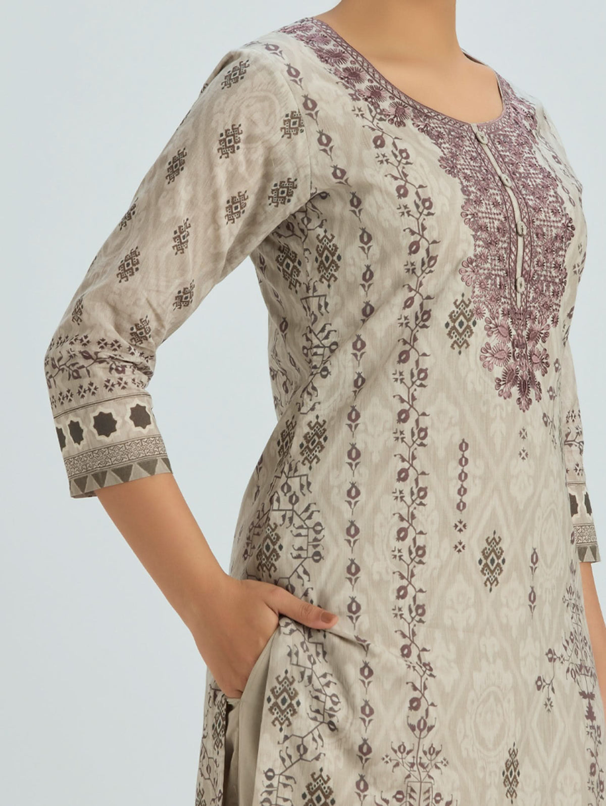 Embroidered cotton kurta with plum vine and diamond motifs on beige fabric