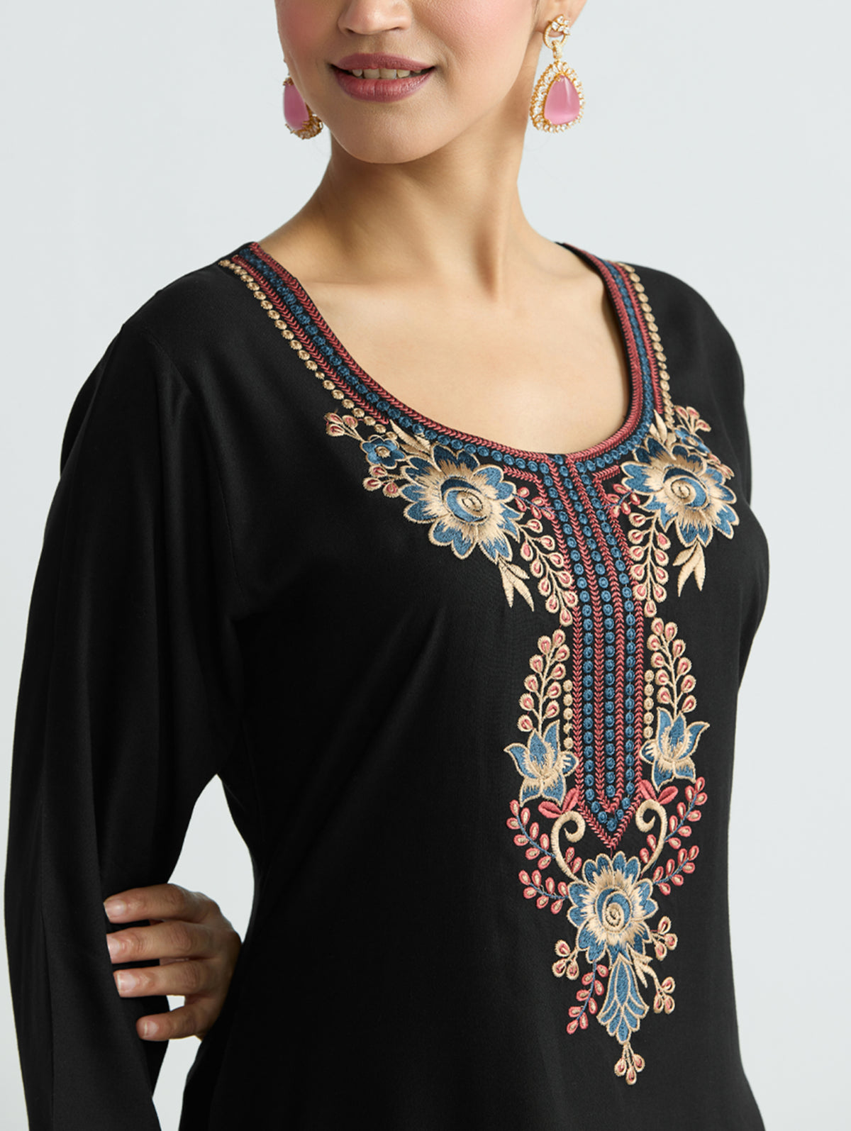 Black kurta neckline and chest embroidery with multicolor floral motifs