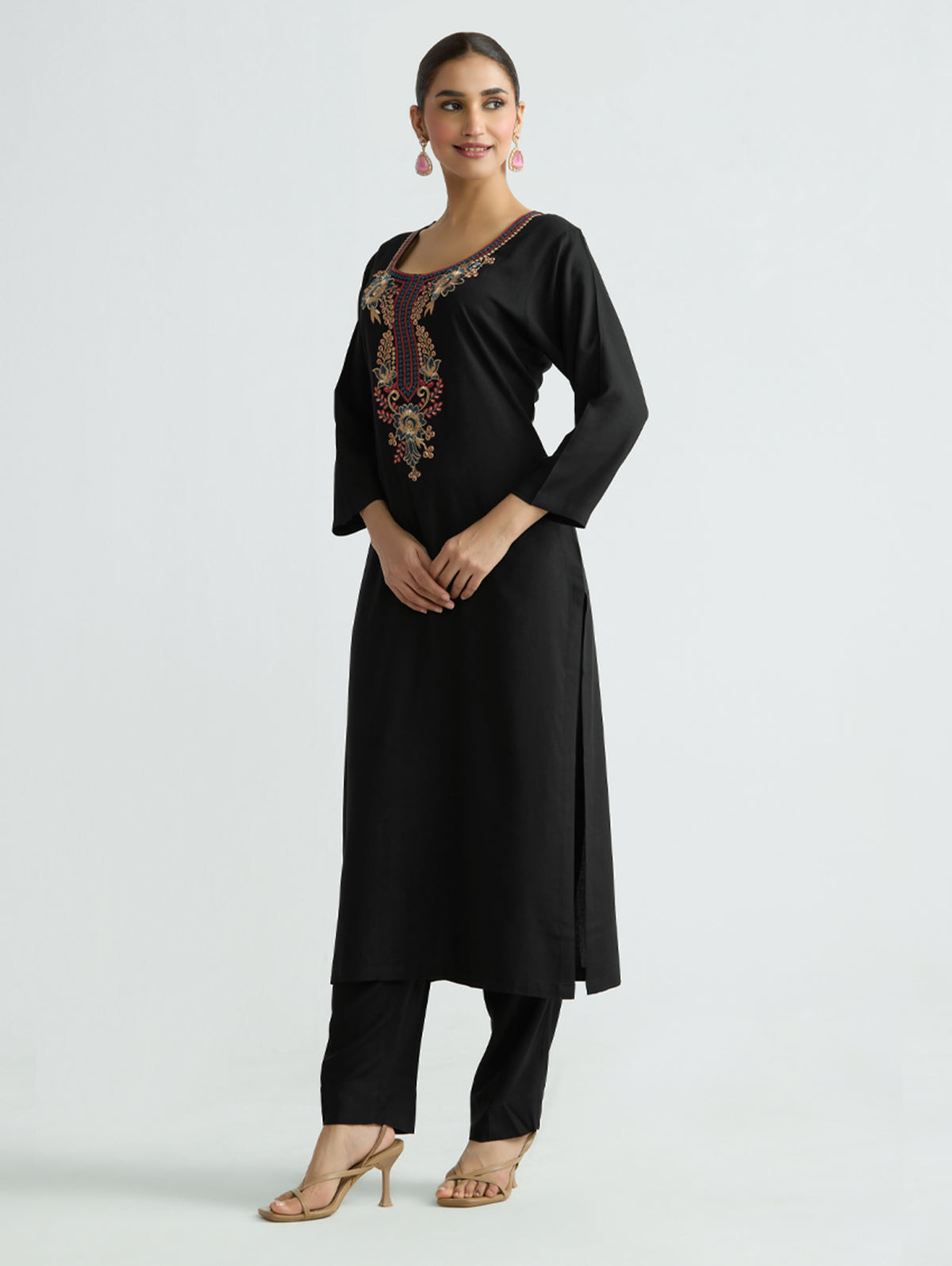 Black embroidered kurta with multicolor neckline detail and 3/4 sleeves