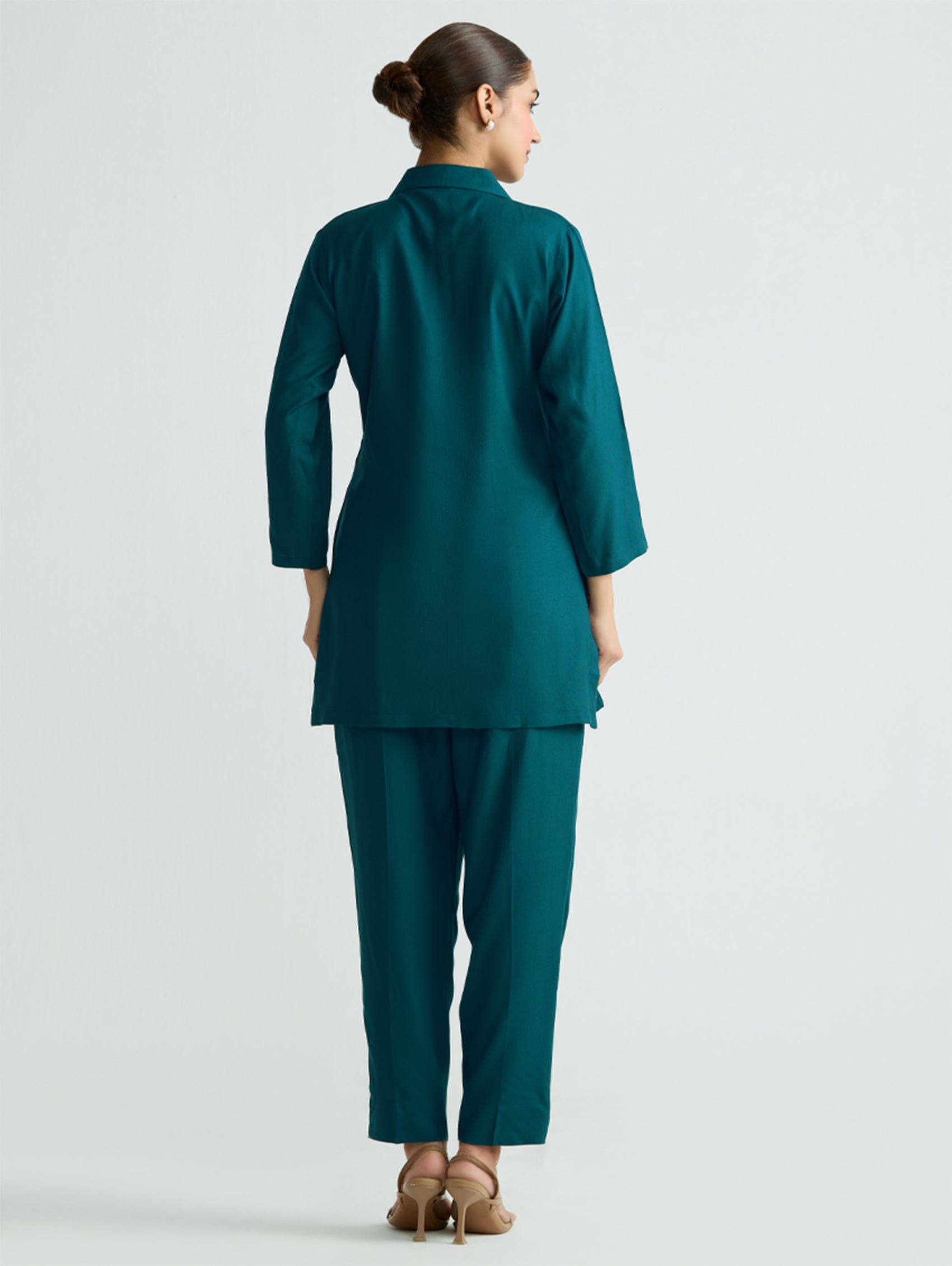 Teal embroidered tunic and matching pants set, back view with 3/4 sleeves