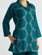 Teal tunic with swirl embroidery pattern, button-front collar and 3/4 sleeves