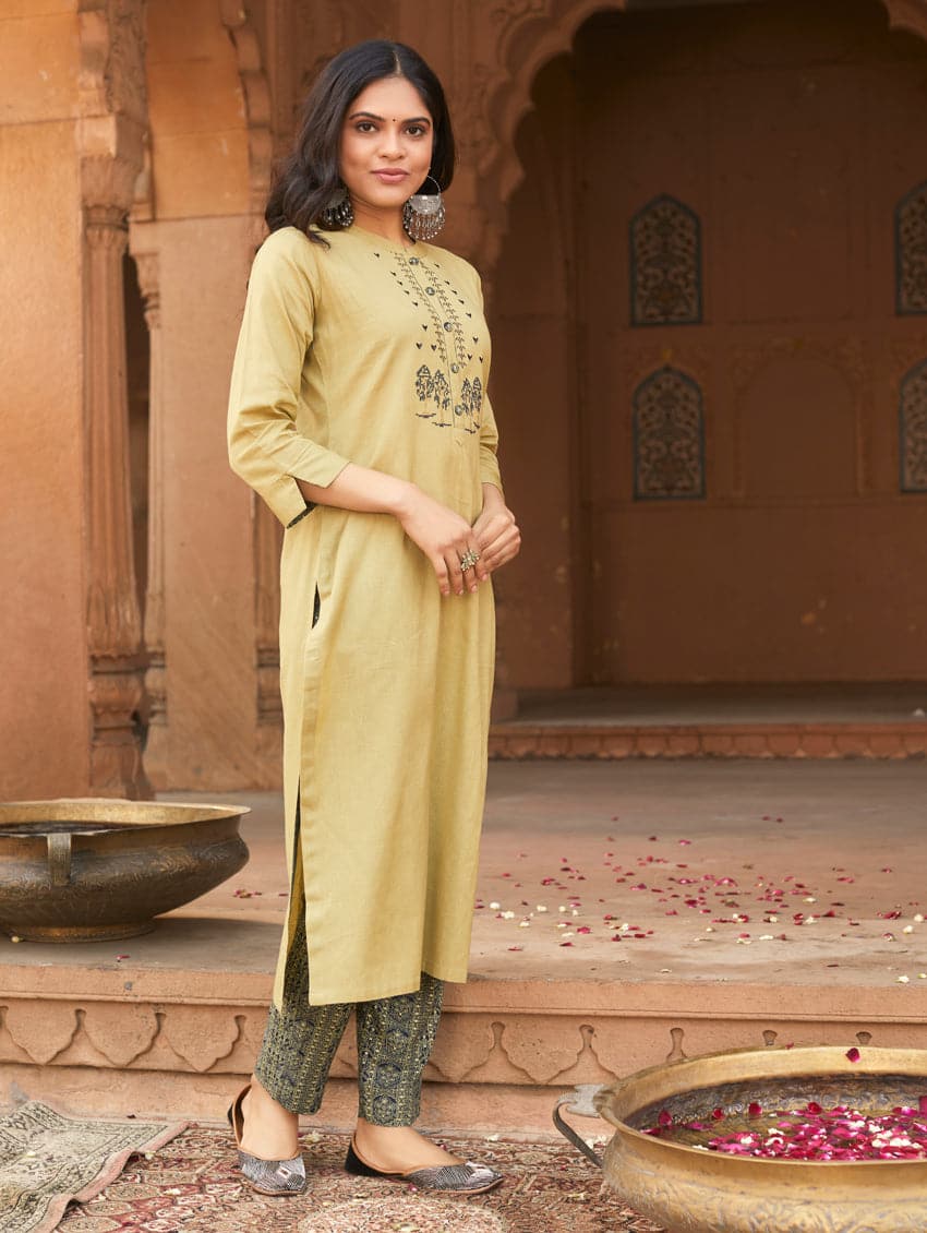 Buy SHOWOFF Mustard Cotton Printed Kurta Pant Set With Dupatta for Women  Online @ Tata CLiQ