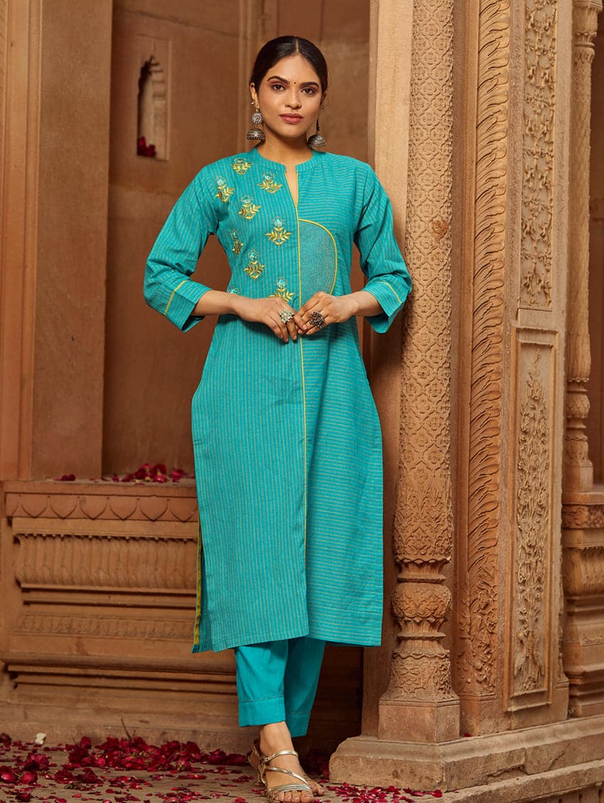 Buy Royal Blue Mirror Work Kurti with Pants Set Online in India