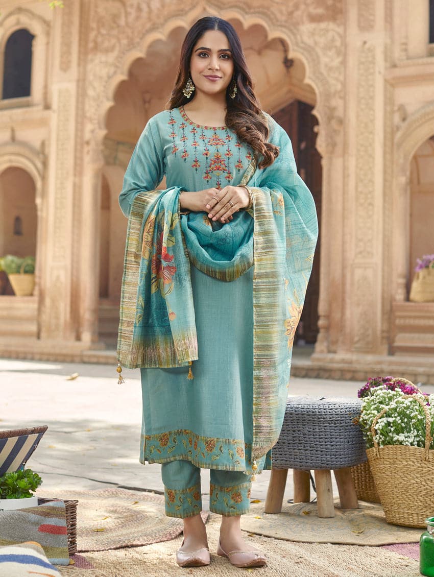 Shop Embroidered Textured Cotton Suit Set 3700 Online - Women Plus
