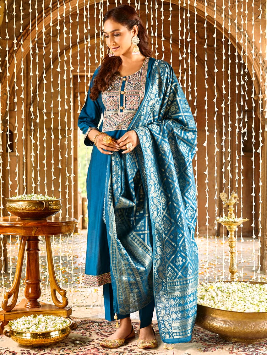 Buy Charming Pakistani Chikankari Suit With Banarasi Dupatta, Beidge  Embroidered Straight Kurta With Pant & Banarasi Silk Dupatta Upto 7XL  Online in India - Etsy